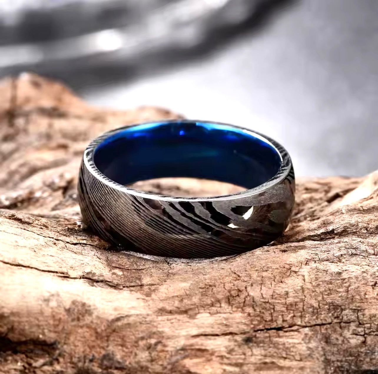 Renzelle® Damascus Blue Steel Ring